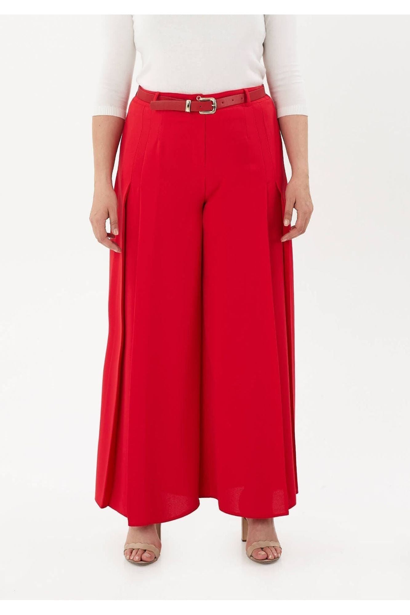 Elegant Red Pleated Wide Leg Pants for Women – perfect for work, formal events, and leisure wear. Affordable women’s fashion with plus-size options 