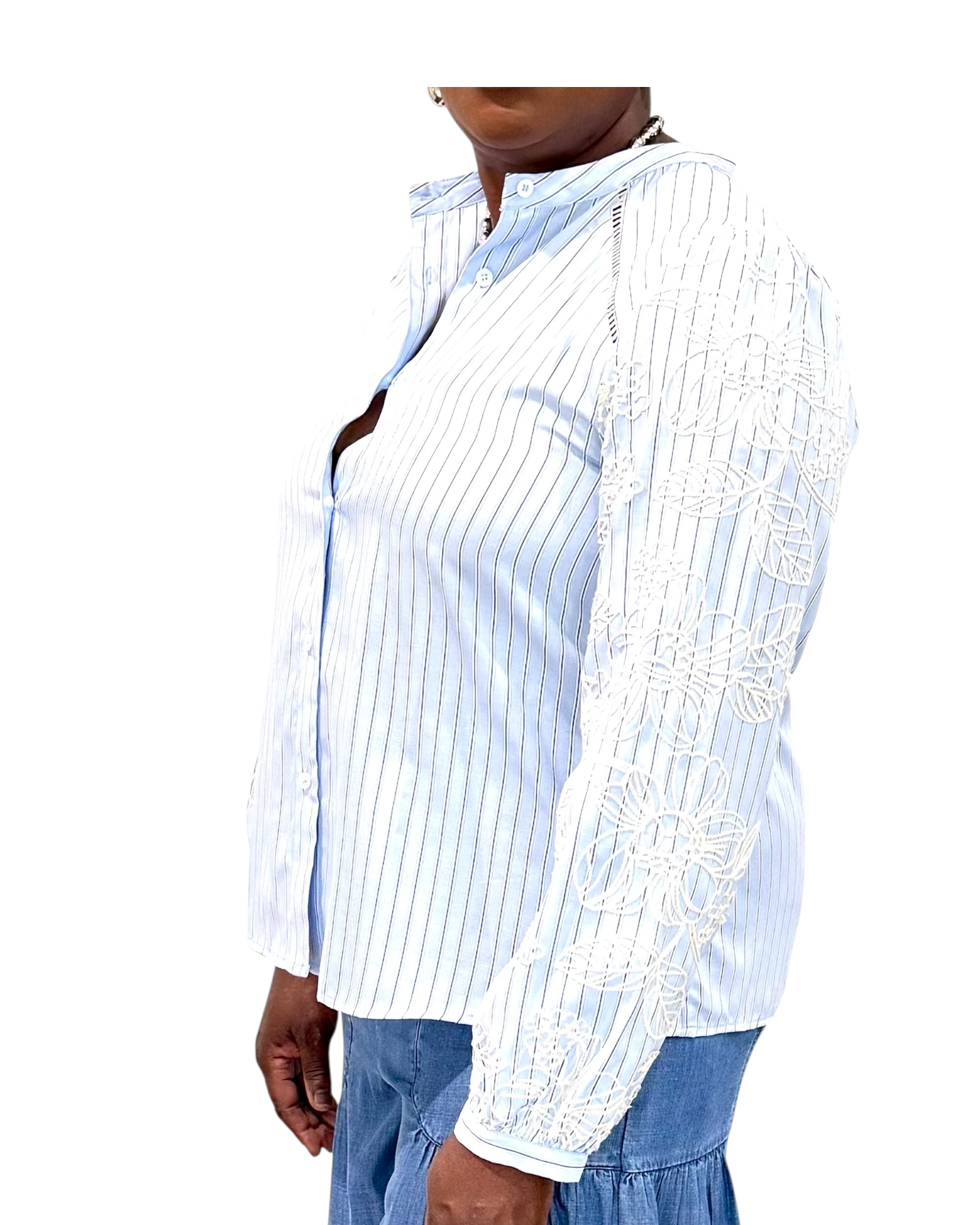 Pinstripe Embroidered Blouse