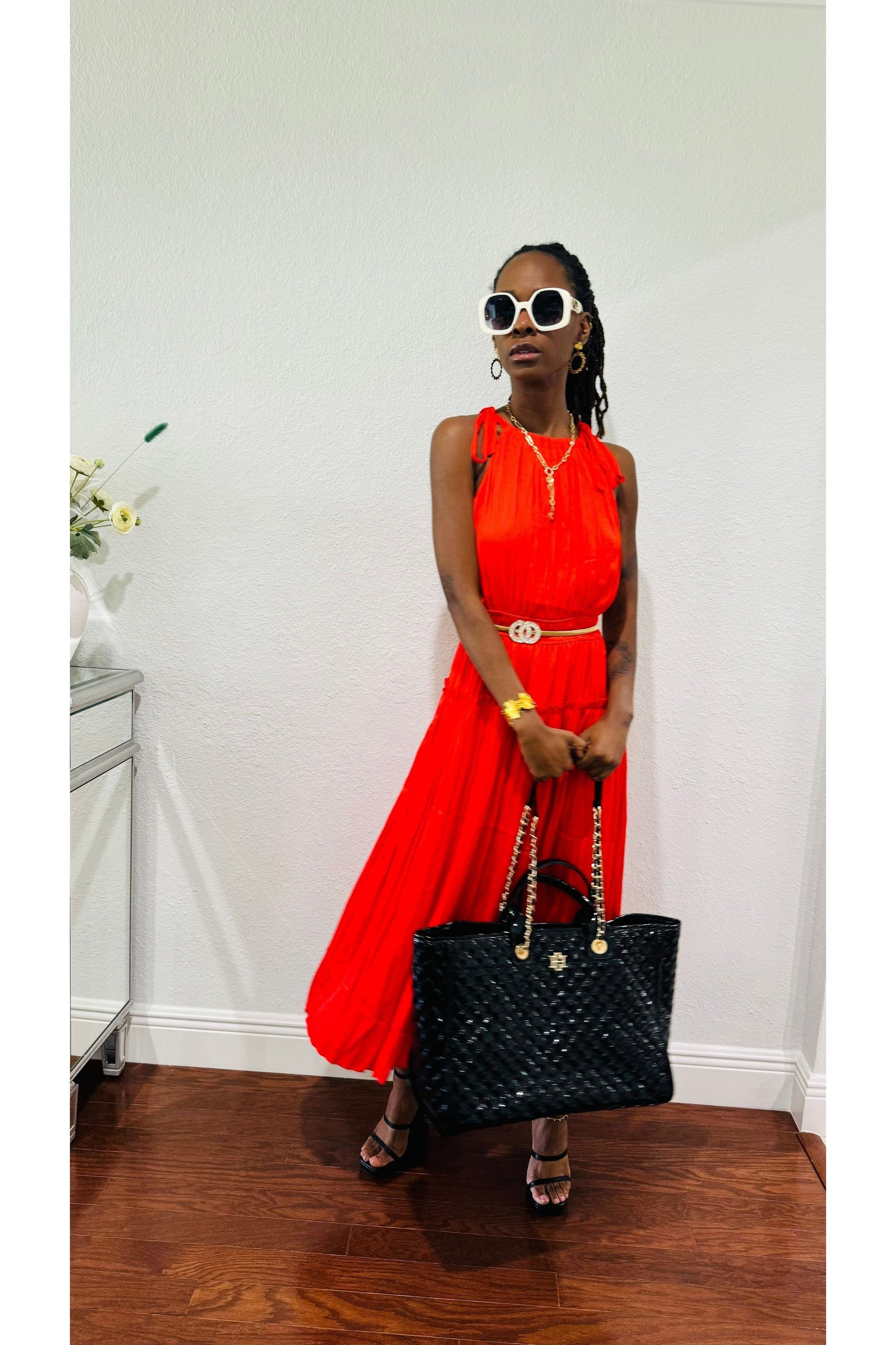 Pleated Halter Midi Dress — elegant polyester pleated midi dress for women, perfect for weddings, formal events, and sophisticated evening wear.