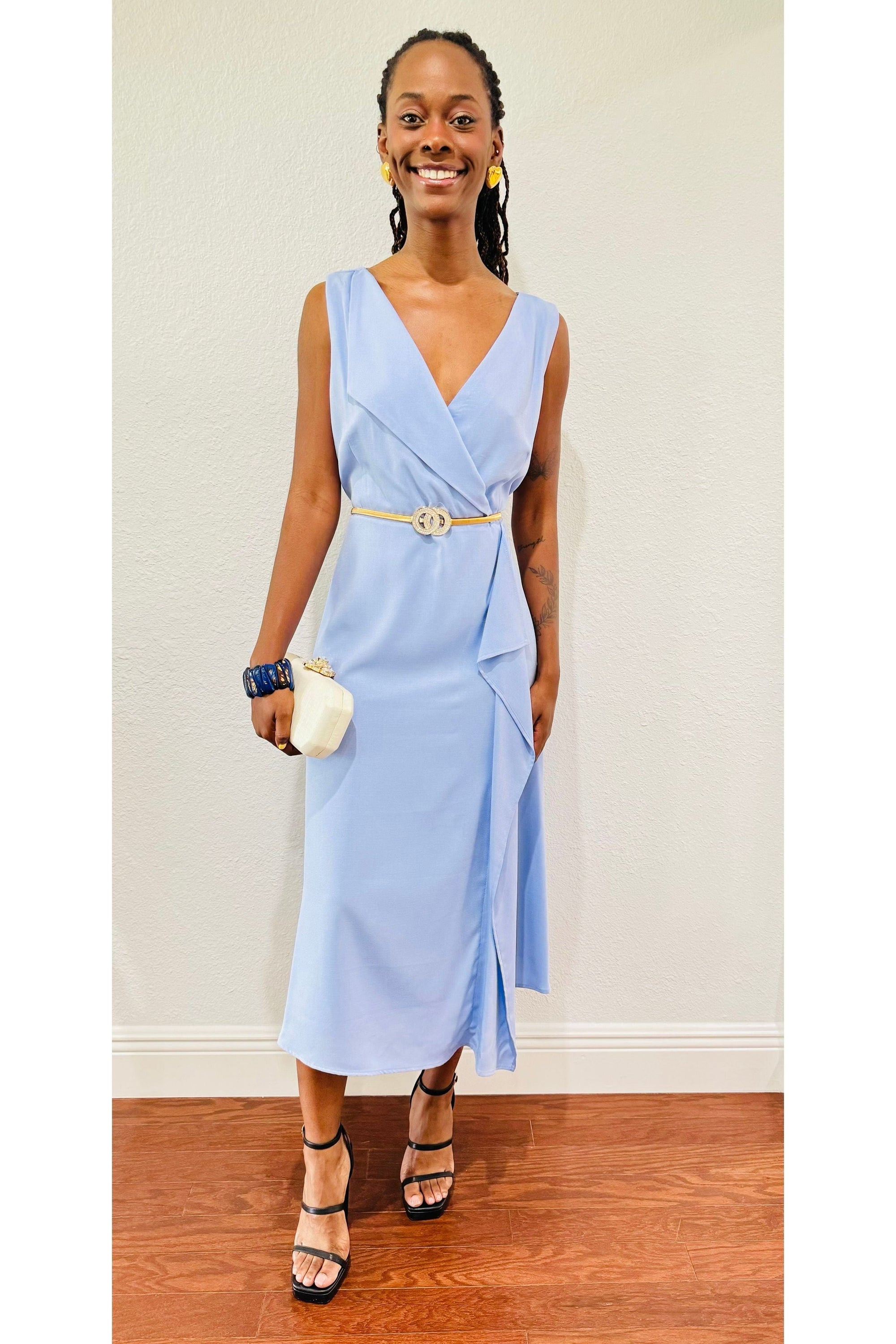 Kensie A-Line Midi Dress in Perri Blue — textured woven A-line midi dress for women, perfect for work, formal events, and leisure wear from DS Fashion Sophisticated Boutique.