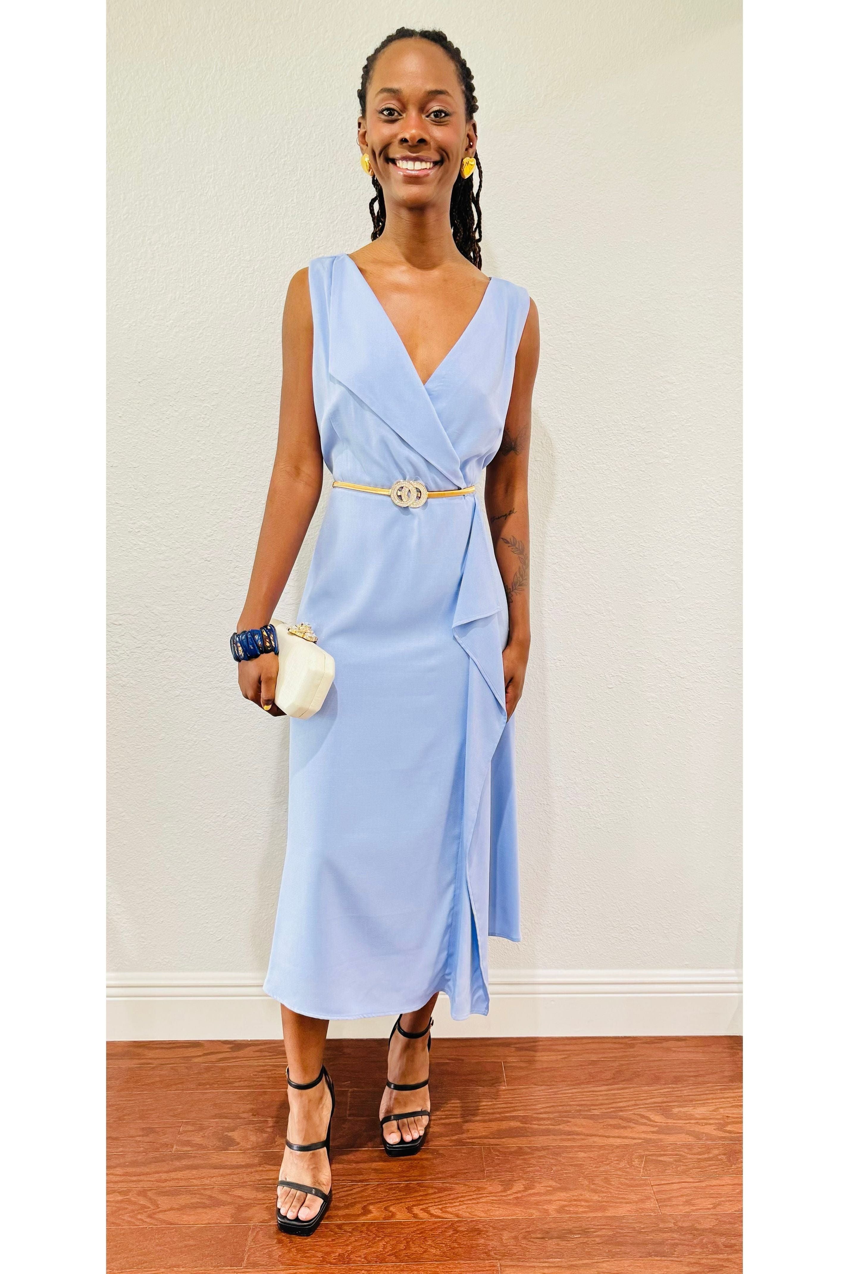 Kensie A-Line Midi Dress in Perri Blue — textured woven A-line midi dress for women, perfect for work, formal events, and leisure wear from DS Fashion Sophisticated Boutique.
