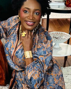 Split V-Neck Long Sleeve A-Line Floral Print Maxi Dress — Brown Navy Mult - D-S Fashion Sophisticated Boutique