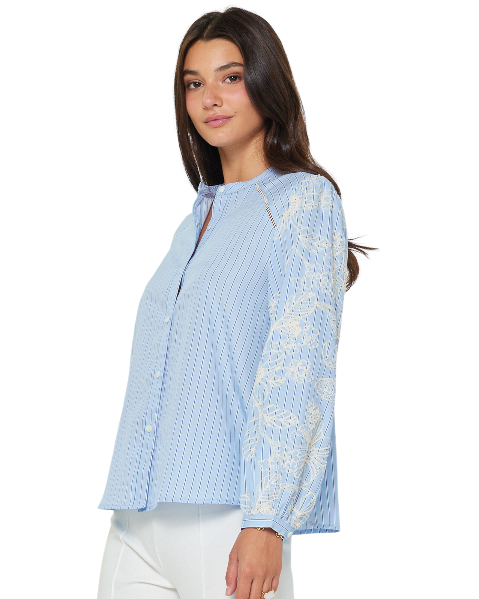 Pinstripe Embroidered Blouse