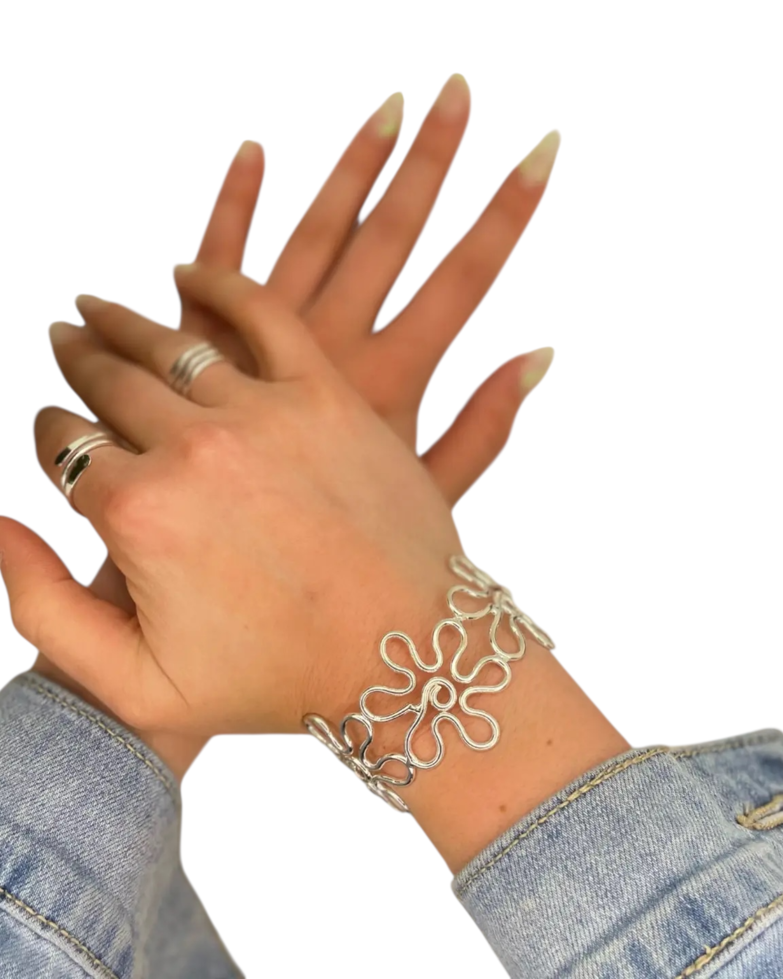 Handmade Silver Plated Flower Adjustable Cuff