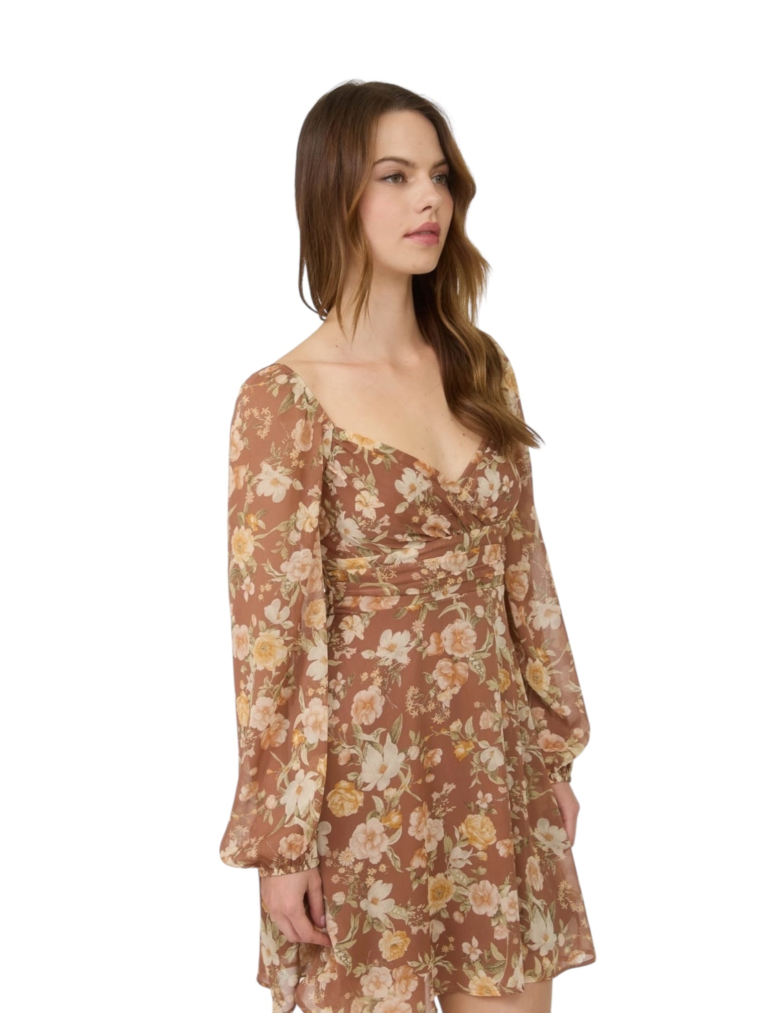 Floral Sweetheart Long Sleeve Back Tie Mini Dress for Women – romantic floral mini dress for work, brunch, or special occasions. Affordable women’s fashion and elegant clothing from DS Fashion Sophisticated Boutique.
