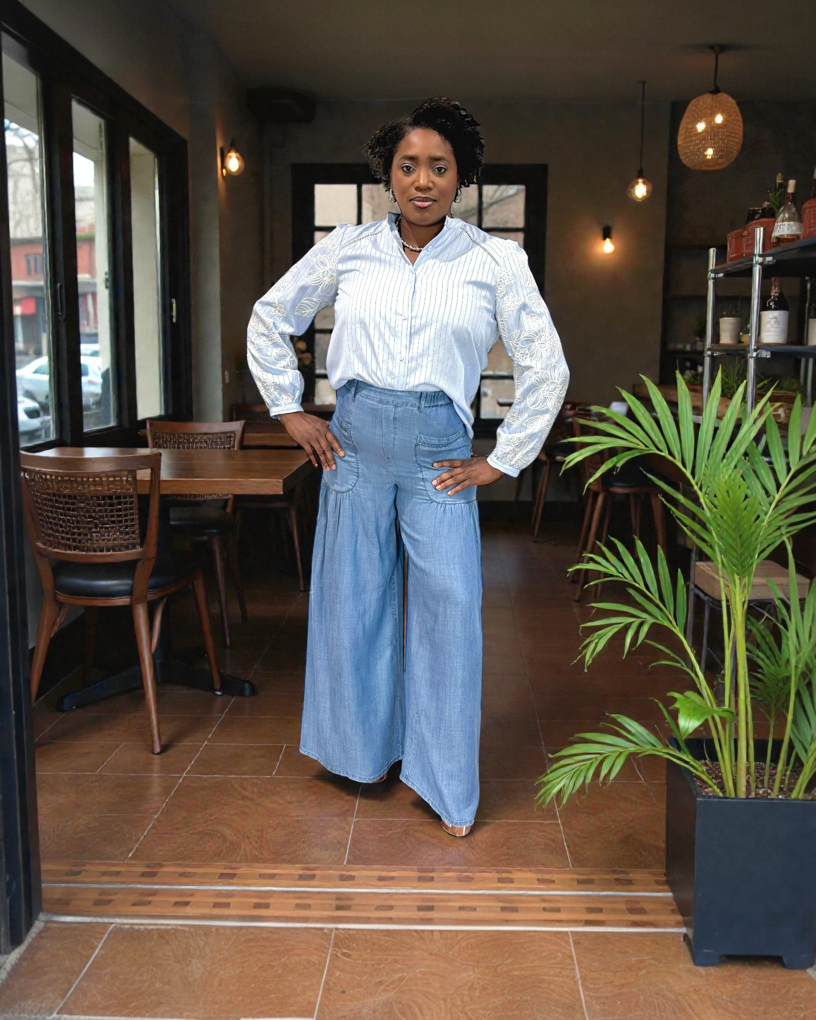Pinstripe Embroidered Blouse